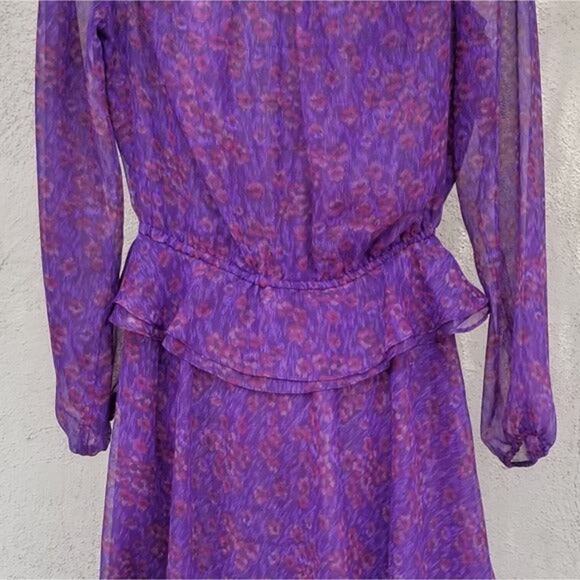 1970s Purple Sheer Leopard Print Peplum Midi Dress Long Sleeve Size 10 Vintage - Picture 6 of 9